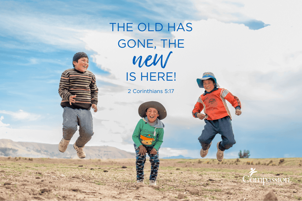 Children jumping off the ground. They're smiling. 2 Corinthians 5:17 is written in the background.