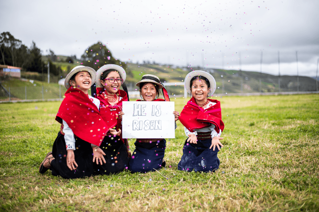 Celebrating Easter in a remote community high in the Andean mountains Ecuador. Compassion participants Vilma, Salome, Sara, and Abigail